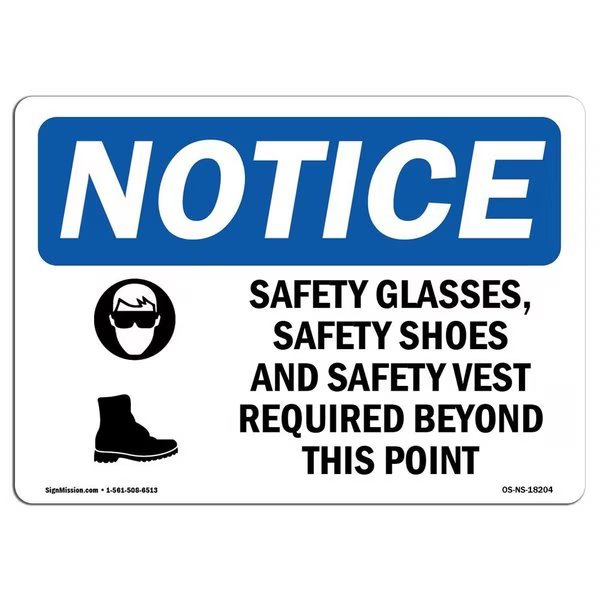 OSHA Notice Sign, Safety Glasses Safety Shoes With Symbol, 7in X 5in Decal, 7